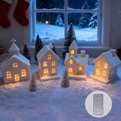 Lighted Christmas Village Set of 4 Ceramic Houses & 5 Christmas Trees Winter White Glazed Holiday Decor
