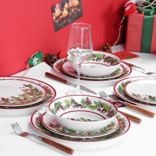 12Pcs Christmas Melamine Dinnerware Set for 4 - Green & Red Garland Style