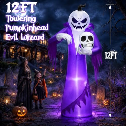 12FT Giant Halloween Inflatable Pumpkin Ghost Wizard with LED Lights Outdoor Decor