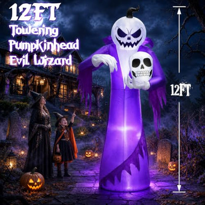 12FT Giant Halloween Inflatable Pumpkin Ghost Wizard with LED Lights Outdoor Decor