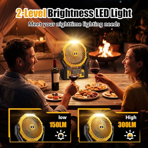 Yellow Battery-Operated Portable Fan for Dewalt 20V Max - 4 Speeds & Lights