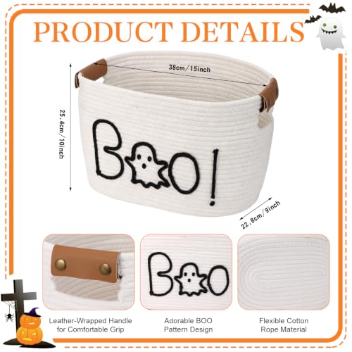 Halloween Ghost Woven Rope Basket with Handles - Spooky Decorative Storage Bin