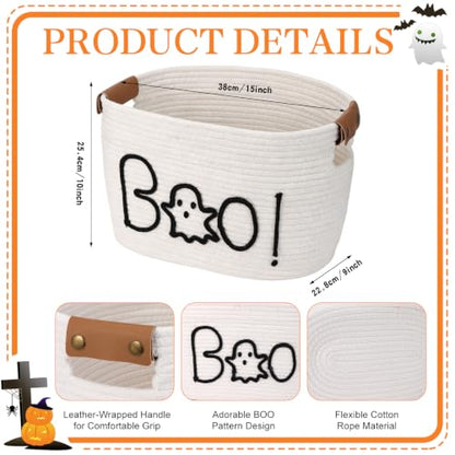 Halloween Ghost Woven Rope Basket with Handles - Spooky Decorative Storage Bin