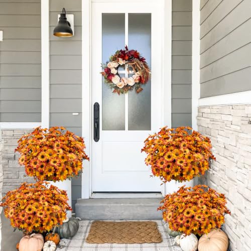 Artificial Mums Flowers for Outdoor & Indoor Decor - Orange Yellow, 12 Bundles