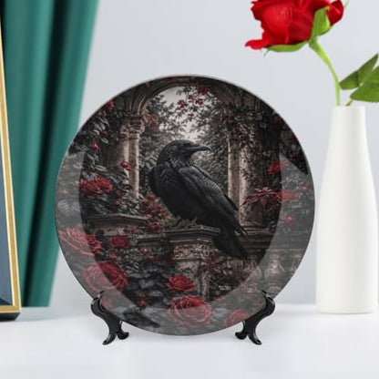 Black Crow Red Roses Gothic Bone China Decorative Plate with Stand & Wall Hook - 10 Inch