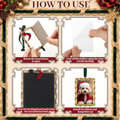 9 Pcs Christmas Photo Frame Ornament for Tree Gold Scalloped Emerald Green