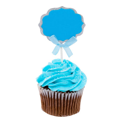 Restaurantware Top Cake 4.5 X 2.5 Inch Cake Toppers 10 DIY Cake Topper Inserts - Sturdy With Glitter Rim Blue And Silver Paper Cake Decoration Birthday Baby Shower Wedding Supplies