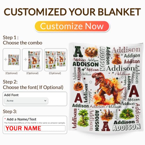 Personalized Dinosaur Blanket for Boys - Maroon, 4 Sizes Custom Gift
