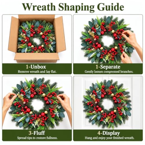 24-Inch Pre-Lit Christmas Wreath with Pine, Berries & LEDs for Front Door