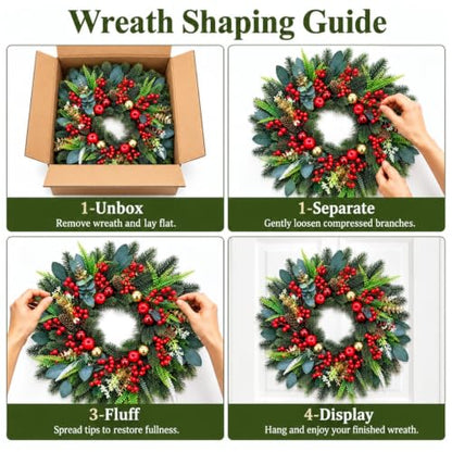 24-Inch Pre-Lit Christmas Wreath with Pine, Berries & LEDs for Front Door