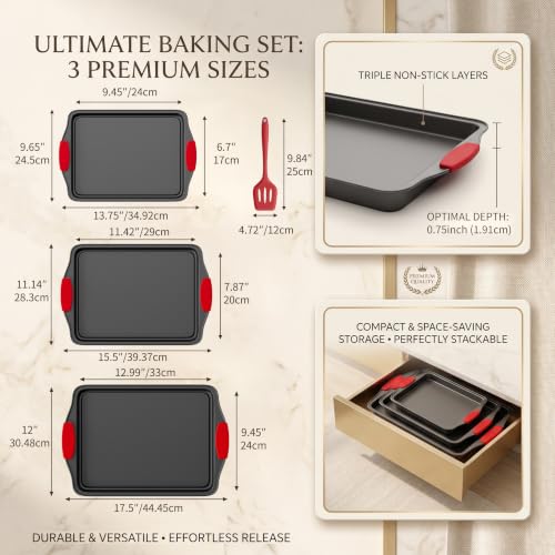 4-Piece Nonstick Carbon Steel Baking Sheet Set with Silicone Handles and Bonus Spatula