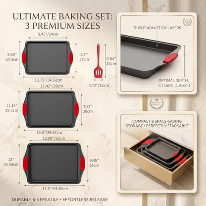 4-Piece Nonstick Carbon Steel Baking Sheet Set with Silicone Handles and Bonus Spatula