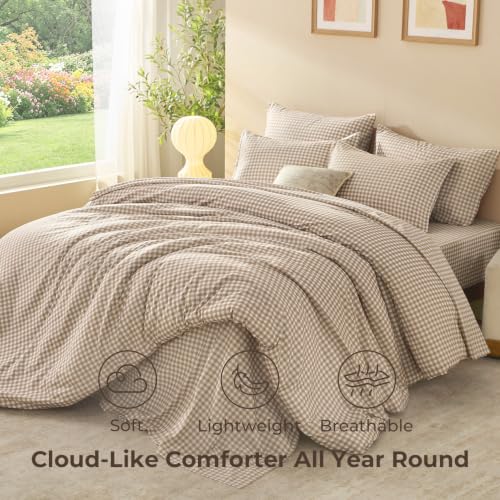 Litanika Full Size Tan Gingham Comforter Set - 7 Pieces Bedroom Bedding