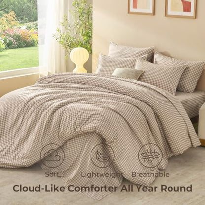 Litanika Full Size Tan Gingham Comforter Set - 7 Pieces Bedroom Bedding