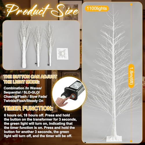 Rossesay 6ft LED Birch Tree with Warm White Lights - Outdoor Christmas Decoration, 8 Lighting Modes, Waterproof, Easy Installation (Variation: 1 / 6ft-1100led)