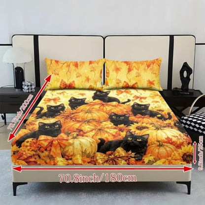 Fall Pumpkin Black Cat Fitted Sheet Set with Deep Pockets - Super Queen