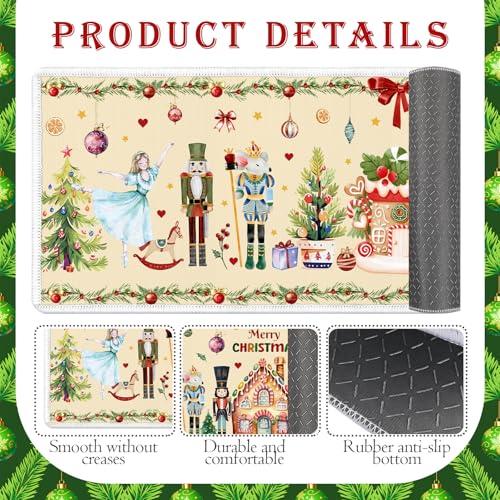 Winter Nutcracker Kitchen Rug Set of 3 - Christmas Holiday Floor Mats, Washable & Non-Slip
