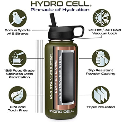 HYDRO CELL Stainless Steel Insulated Water Bottle with Straw - For Cold & Hot Drinks - Metal Vacuum Flask with Screw Cap and Modern Leakproof Sport Thermos for Kids & Adults (Army 32oz)