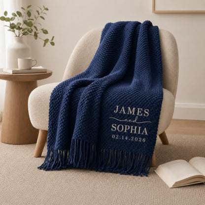 Personalized Wedding Blanket for Couples Custom Names & Date Woven Throw with Fringe
