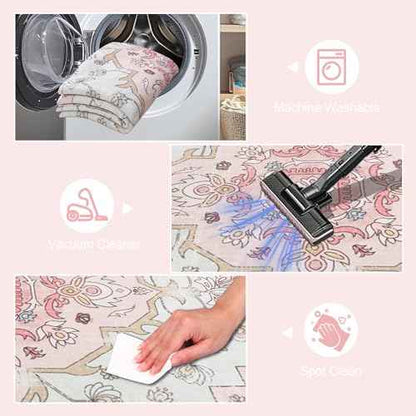 MOSISO 4x6 Area Rug for Living Room, Washable Area Rug, Non Slip Vintage National Area Rugs, Low Pile Carpet, Faux Wool Rectangular Area Rugs Carpet for Living Room Bedroom Dining Room, Home, Pink