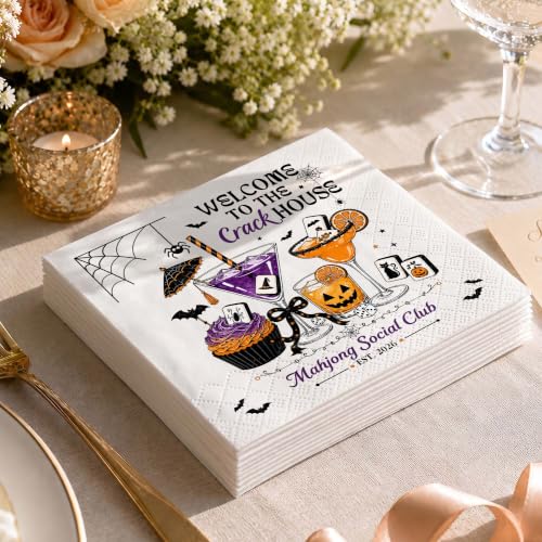 Personalized Halloween Mahjong Cocktail Napkins - Spooky Bat & Mahjong Party Decor