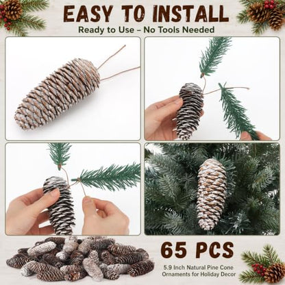 Christmas Pine Cones Picks with Snow - 65 Large Natural Decorations - Snowy Winter Decor Variation of Snow