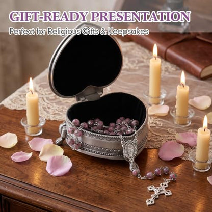 Catholic Handmade Rosary Necklace Beads Cross Set for Women Men with Purple Flower Beads