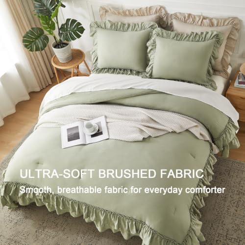 Sage Green Double Ruffle Comforter Set Queen Size Farmhouse Bedding - Soft Pre-Washed Fabric