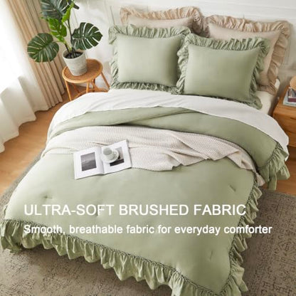 Sage Green Double Ruffle Comforter Set Queen Size Farmhouse Bedding - Soft Pre-Washed Fabric