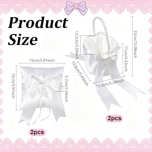 Wedding Flower Girl Baskets & Ring Bearer Pillows Set - Satin & Pearl Handle