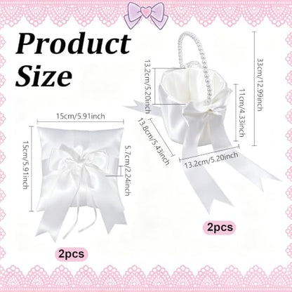 Wedding Flower Girl Baskets & Ring Bearer Pillows Set - Satin & Pearl Handle
