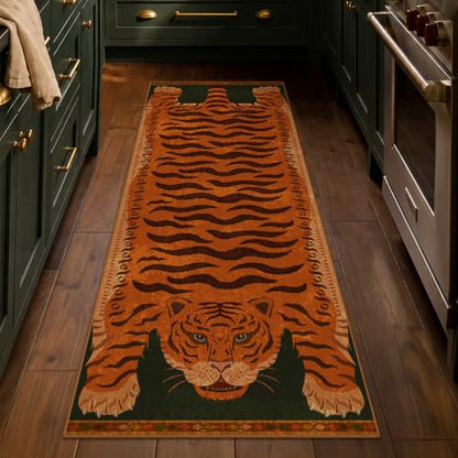 Vintage Tiger Runner Rug 2x6 - Washable Animal Print Entryway Carpet with Burnt Orange & Green Variation