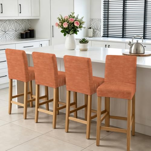 Habtucy Terracotta Solid Color Bar Stool Chair Covers Set of 4 - Stretch Linen Texture Pub Counter Height Café Dining Furniture