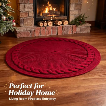 48 Inch Christmas Tree Skirt - Red Cable Knit Holiday Decor