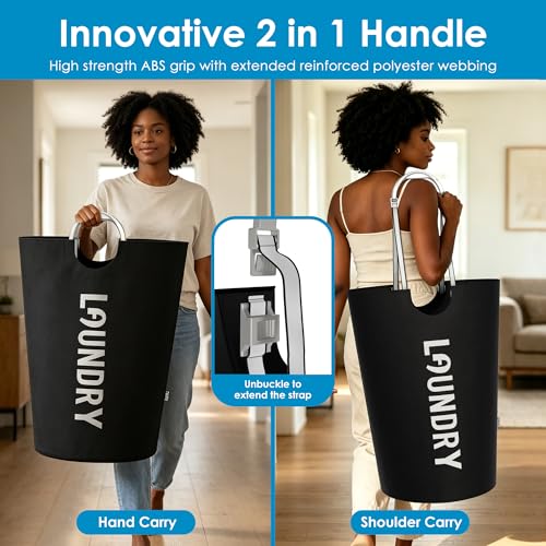 100L Laundry Basket with Adjustable Tech Handle, Large Foldable Hamper - Black