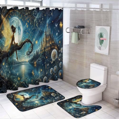 Fairy Moon Castle Night Bathroom Set with Shower Curtain and Flannel Rugs - 71x71 Inches - Non Slip Bath Mats