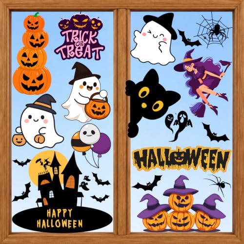 Halloween Window Stickers Set - Ghost Pumpkins Bats for Glass Doors & Windows