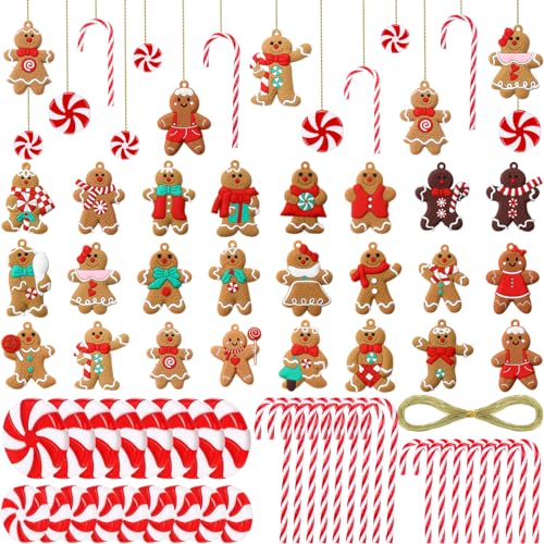 Christmas Gingerbread Man & Candy Cane Ornaments Set - Holiday Tree Decorations