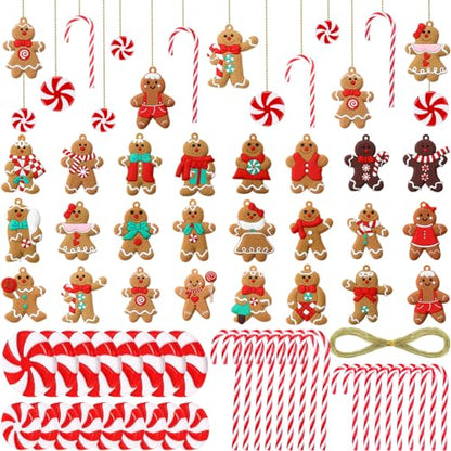 Christmas Gingerbread Man & Candy Cane Ornaments Set - Holiday Tree Decorations