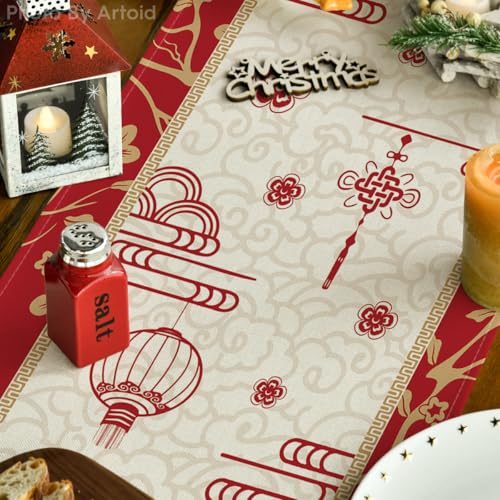 Chinese Zodiac Snake Paper Cutting Style Table Runner 13x90 Inch for Lunar New Year - Red & Gold