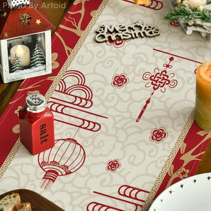 Chinese Zodiac Snake Paper Cutting Style Table Runner 13x90 Inch for Lunar New Year - Red & Gold