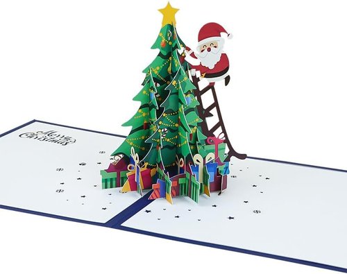 3D Christmas Tree Pop-Up Card - Merry Christmas Design with Santa Claus | Includes Envelope & Message Note