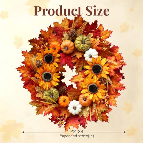 24 Inch Fall Sunflower Wreath with Pumpkins and Maple Leaves for Front Door