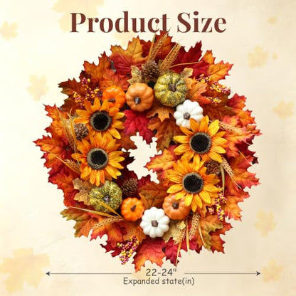 24 Inch Fall Sunflower Wreath with Pumpkins and Maple Leaves for Front Door