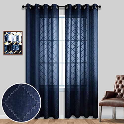 Navy Blue Sheer Curtains 52W x 84L Set of 2 Diamond Embroidered Drapes for Living Room & Bedroom - Winter Holiday Decor