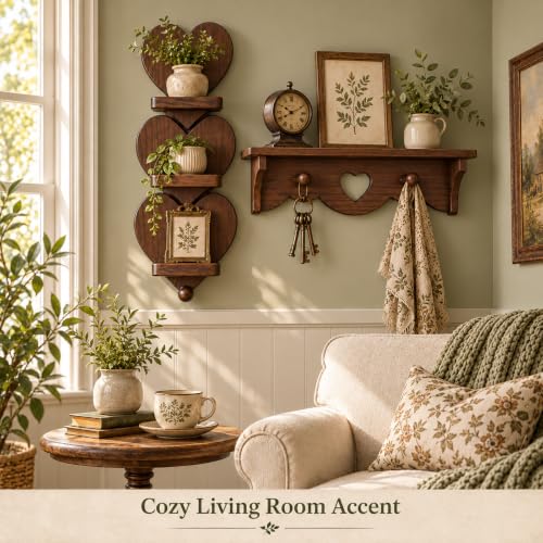 Wooden Heart Wall Shelf Set with Hooks and 3-Tier Display for Bedroom Entryway