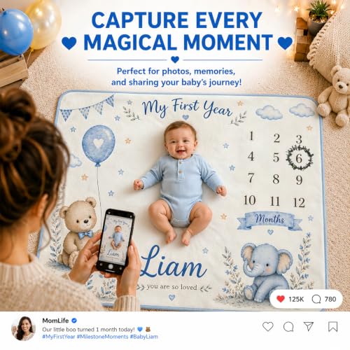 Personalized Baby Milestone Blanket with Name - Blue, 30x40 or 40x50 Inches
