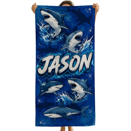 Kids Personalized Shark Beach Towel with Name - Toddler & Boys Beach Blanket