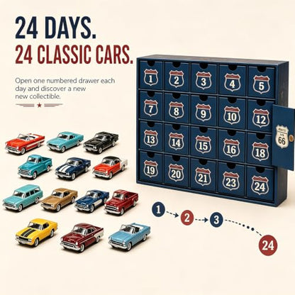 24 Days Classic American Car Advent Calendar - 3D PVC Collectible Set