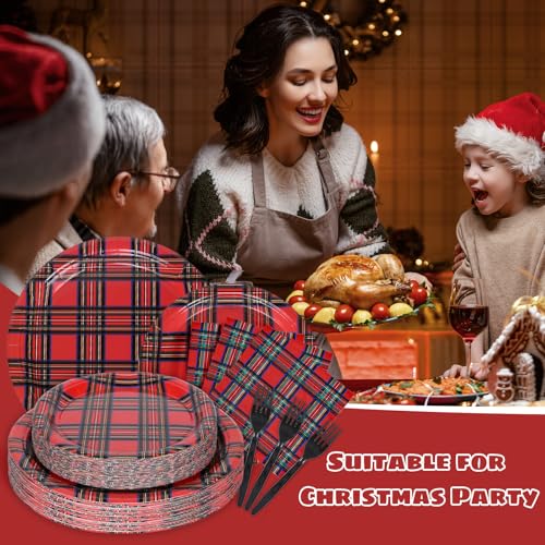 Whaline Christmas Plaid Disposable Tableware Set for 24 Guests - Red Gingham Party Supplies